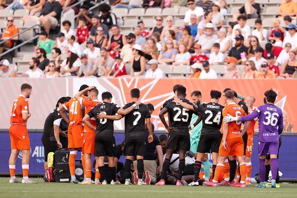Emrick Fotsing, #17 with the Vancouver FC Eagles, was taken to hospital during Saturday's game in Hamilton after being knocked unconscious during a head butt on the pitch.