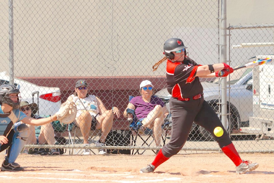 North  Red Sox batter Olivia McDonald puts the ball in play during the team’s 9-8 win over the Enderby Storm in their opening game at the BC U20C Women’s Fastball Championships in Vernon July 4 to 6, 2025. (Roger Knox/Black Press Media)