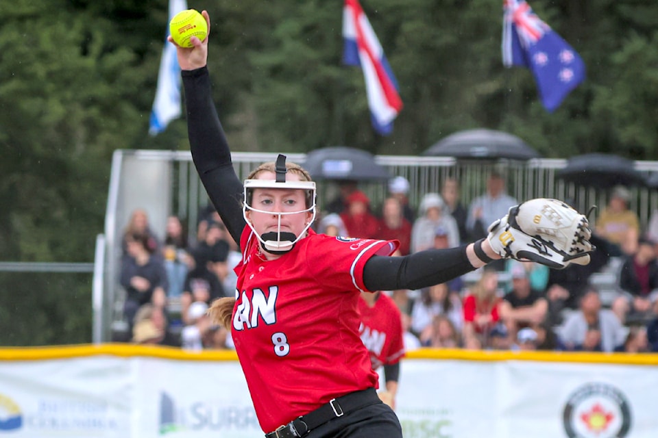 Team Canada's Morgan Reimer, of 91ԭ, helped secure a win against Team New Zealand 8-1 on July 8 at Softball City in Surrey. It was her first win at the Canada Cup tournament.
