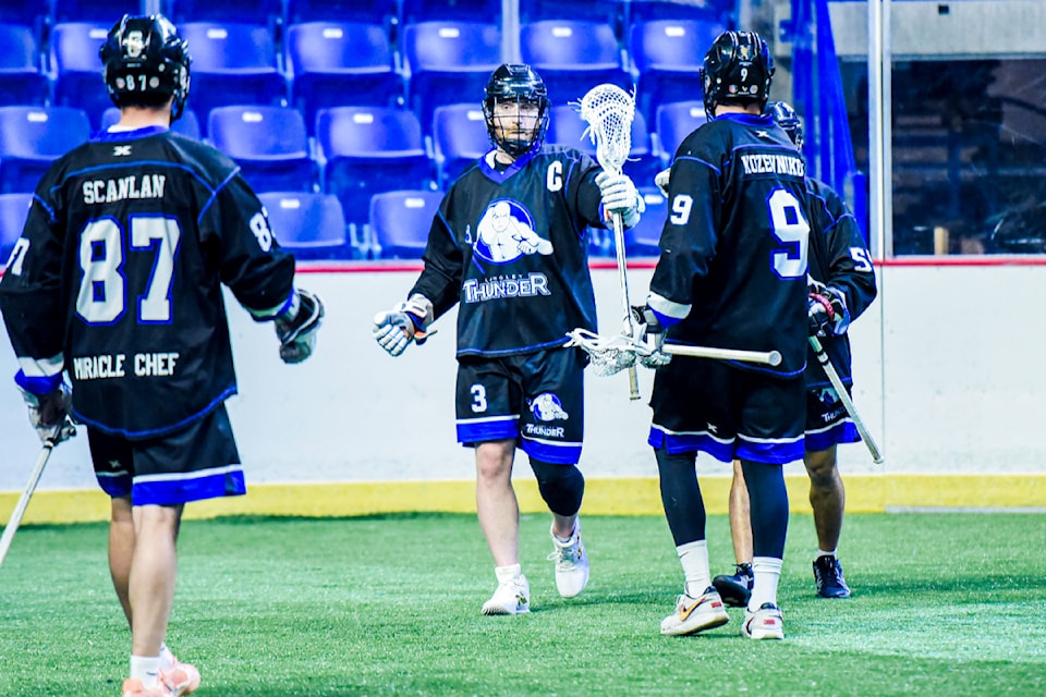  Thunder captain Connor Robinson reached the 100-goal mark with the  Thunder in last Saturday night’s Western Lacrosse Association game in Coquitlam against the Adanacs.