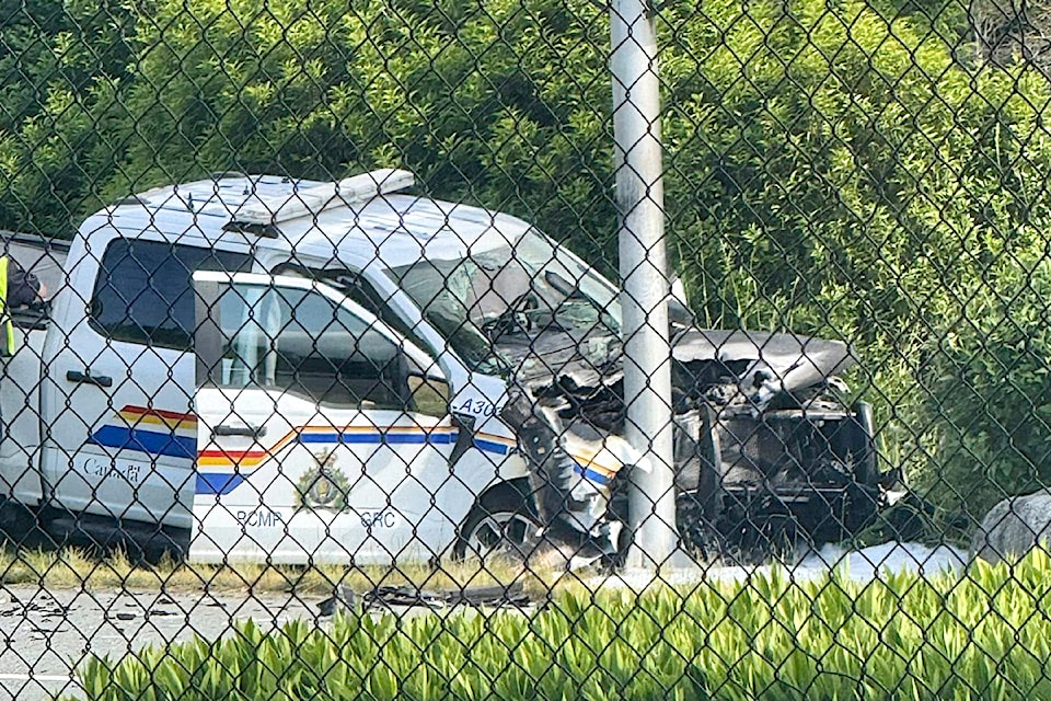 Two vehicles, a car and a police truck, sustained extensive damage in a Sunday morning collision in Aldergrove on Fraser Highway, near 260 Street.
