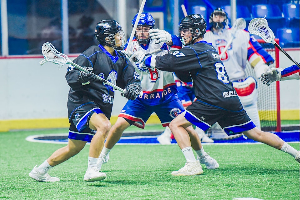 The  Thunder scored late to edge the visiting Maple Ridge Burrards 8-7 in Western Lacrosse Association action at  Events Centre on June 18.