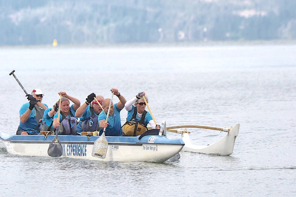 Competing in a borrowed baat, a crew of Fort  Canoe Club  paddlers were second in their category at the Freshwater Challenge Outrigger Canoe 40km Race on Okanagan Lake at Kin Beach on Sunday June 22.