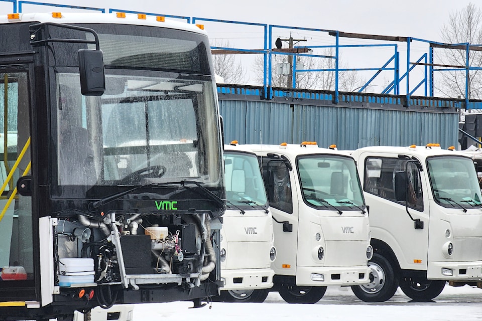 Vicinity buses and trucks were sitting at the company's Aldergrove assembly facility on Feb. 16, awaiting a court-ordered sale by a receiver.