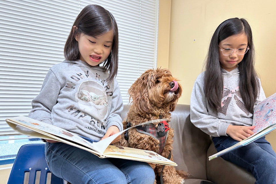Eloise and Penelope Laurel shared their 15-minute session with Kaslo, a St. John Ambulance therapy dog. Children could book sessions March 26, 2025, to read to the dog. 