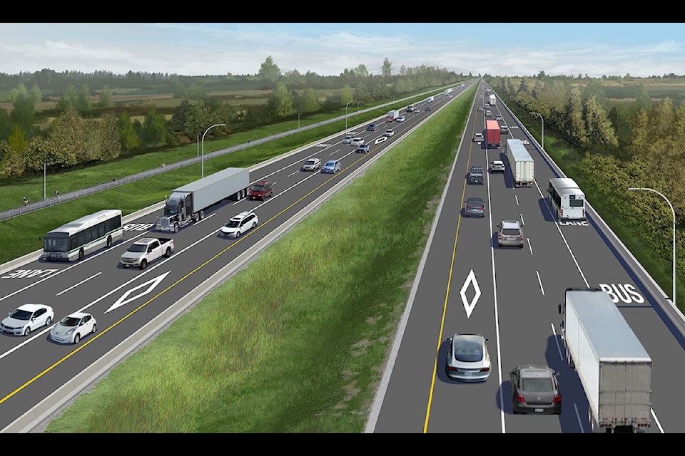 Artist’s rendering of the future Highway 1, east of 264th Street, shows the addition of bus and HOV/EV lanes.