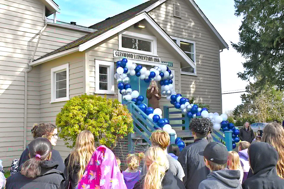 Principal Colleen Harvie spoke at the 80th anniversary ceremony for the heritage building that is still used at Glenwood Elementary. It dates back to 1945.