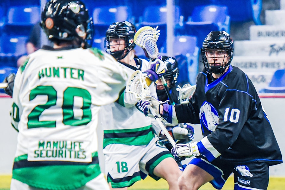 91ԭ Thunder were 13-11 winners over the Burnaby Lakers on Wednesday, May 21, at 91ԭ Events Centre in Western Lacrosse Association action.