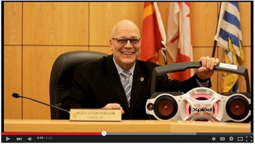 YouTube frame grab
Langley City Councillor Rudy Storteboom and the boom box.