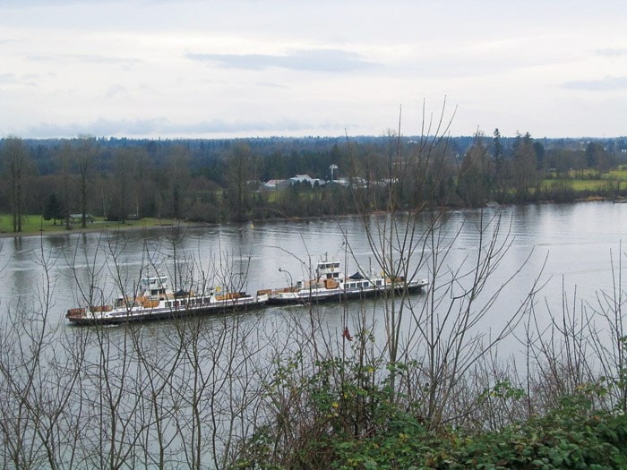 The Albion ferry vessels were towed west up the Fraser River last week.