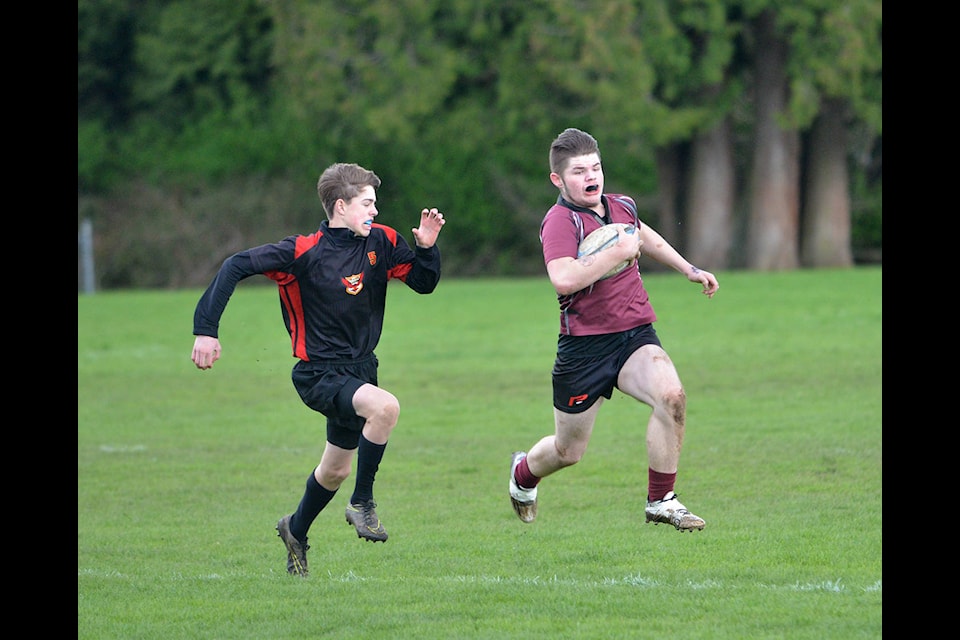 Xachery Romanchyck (right) and the Stafford Skyhawks scored a decisive 45-5 victory over the Fraser Firehawks Black team in Grade 8 boys rugby at HD Stafford last week (April 13). Gary Ahuja 91ԭ Times