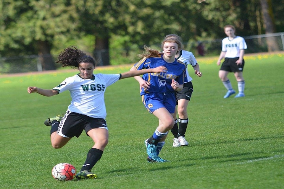 Walnut Grove Gators’ Jenna Stea scored both her team’s goals in a 2-0 victory over the Chilliwack Storm in senior girls soccer at Walnut Grove Secondary on April 24. Gary Ahuja Langley Times