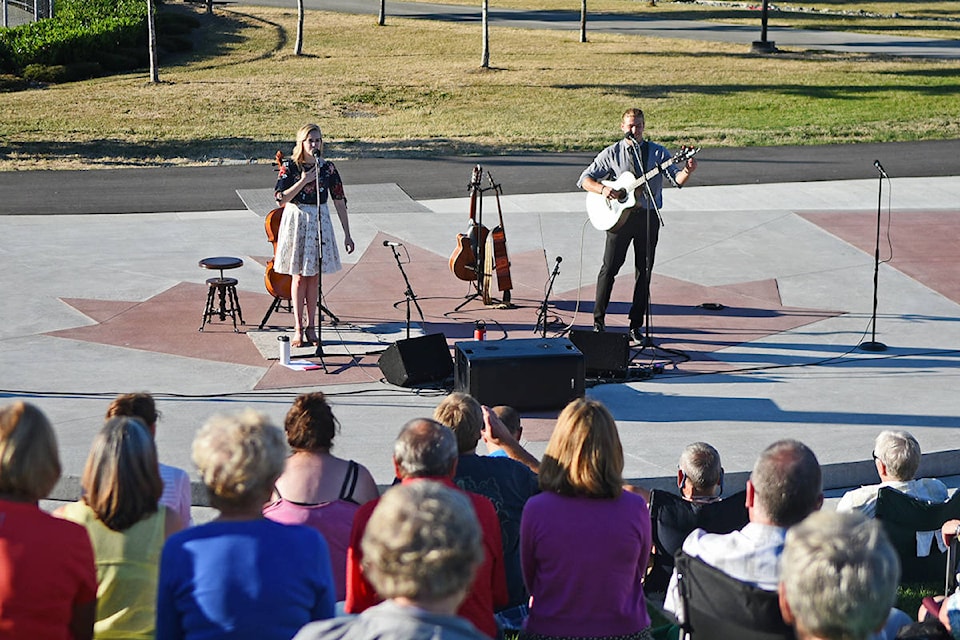 Chilliwack duo Portraits of Us play under a bright blue sky at the new amphitheatre in Willoughby Community Park July 27. Miranda Gathercole  Times