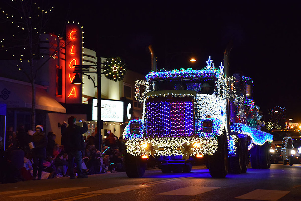 The 13th-annual Surrey Santa Parade of Lights rolled through downtown Cloverdale in this photo from 2018. This year’s parade takes place Dec. 1, beginning at 5 p.m. (Black Press File Photo)
