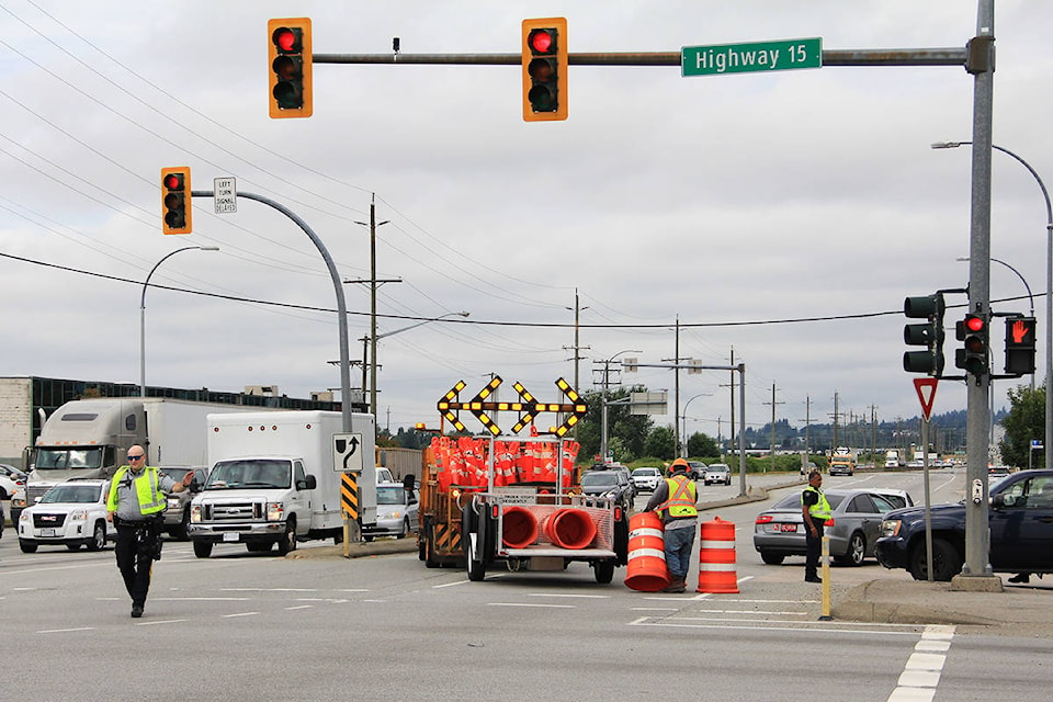 A pedestrian is ‘not expected to survive’ after a serious crash in Cloverdale July 16. At the time, police closed the westbound lane of Highway 10 between the 176th (Highway 15) and 168th Streets. (Photo: Malin Jordan)