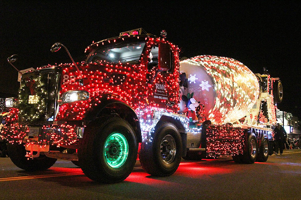 A Ready-Mix Concrete truck rolls through Cloverdale Dec. 1, 2019 for the 14th annual Surrey Santa Parade of Lights. This year’s parade will not go ahead in its traditional form, but may occur as a drive-through event. (Photo: Olivia Johnson)