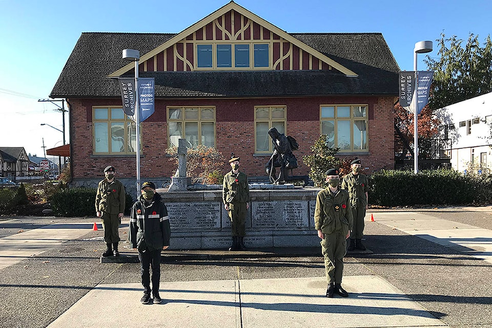 Cadets from Langley’s 2277 Seaforth Highlanders cadet corps cleaned the Langley and Cloverdale cenotaphs Nov. 9. (Photo: Lieutenant Dawn Royle)