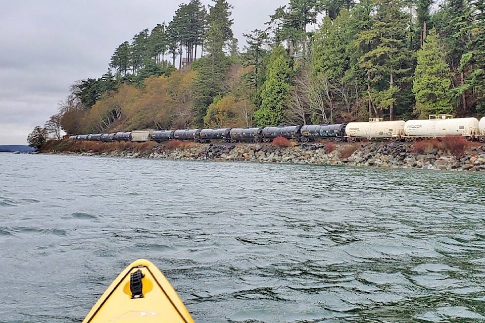 A mixed-car train rolls along the waterfront between White Rock and Crescent Beach in this shot captured a few weeks ago by Erik Seiz. (Erik Seiz photo)