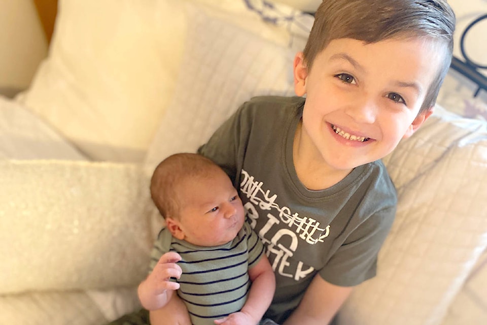 Colton Saharko, 6, become a big brother to Daxton Saharko on New Year’s Day 2021. Parents Jason Saharko and Lacey Christink welcomed Langley’s first baby of the new year on Jan. 1 at 3:25 a.m. at Langley Memorial Hospital. Daxton Saharko was born weighing 9 pounds 12 ounces and measured 22 inches long. (Lacey Christink/Special to Langley Advance Times)
