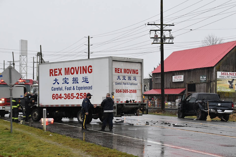 A multi-vehicle crash tied up traffic in the 6800 block Glover Road Sunday afternoon, Jan. 31, 2021 (Curtis Kreklau/special to Langley Advance Times)