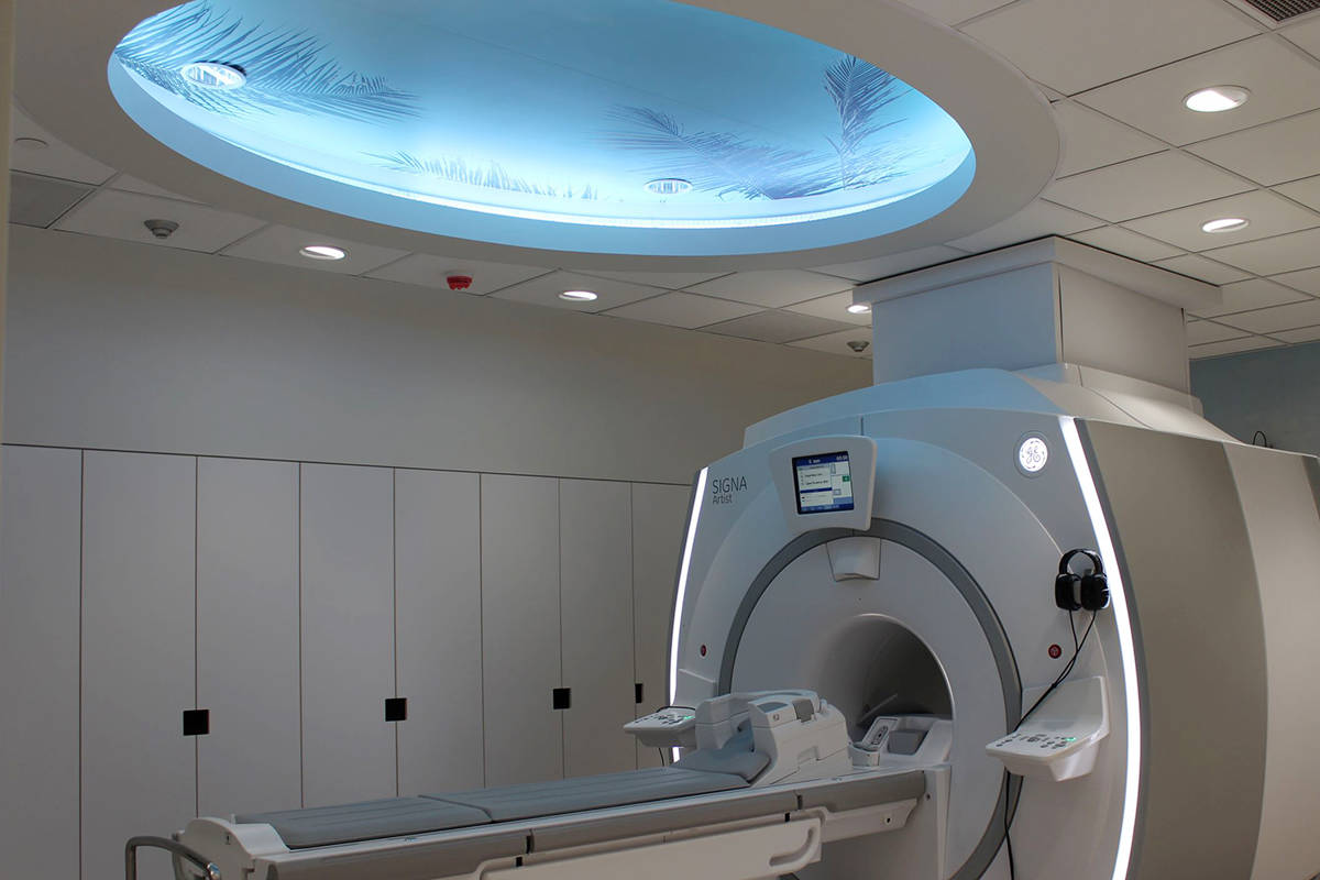 A relaxing beach-inspired ceiling and room decor are designed to help patients relax during their MRI.