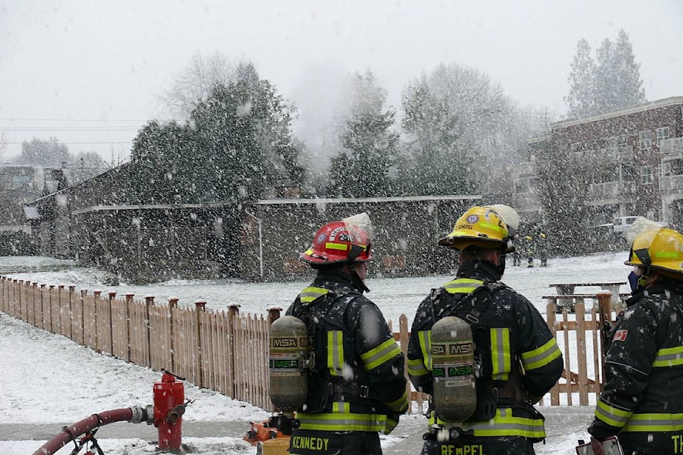 Multiple Langley Township fire department crews were called to the scene of a structure fire in Fort Langley on Sunday afternoon, Feb. 14, 2021 near Mary Avenue and Church Street. (Dan Ferguson/Langley Advance Times)