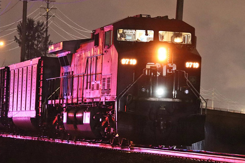 Emergency crews were called to the area of Glover Road and Mufford Crescent on Sunday, Feb. 21, 2022 after a CP Rail train had collided with an individual near a homeless campus in Langley. (Shane MacKichan/Special to Langley Advance Times)