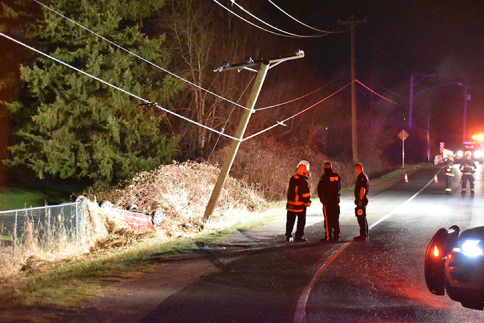 A crash in the 8600 block of Glover Road on Saturday night March 6, 2021 cut power to 1,000 BC Hydro customers in the for more than seven hours (Curtis Kreklau/South Fraser News Services)