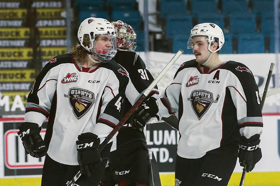 Mazden Leslie scored twice in his WHL debut as the Langley-based Vancouver Giants downed Kelowna 6-0 in WHL action on Sunday, March 28, 2021 (Allen Douglas/Special to Langley Advance Times)