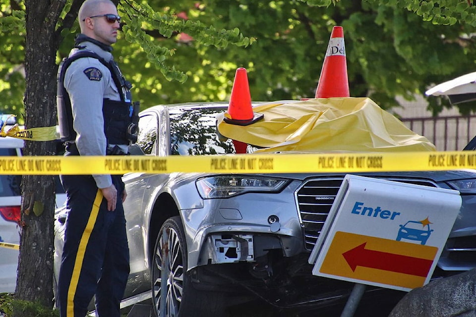 One man has been shot in what Delta Police believe to be a targeted incident near Scottsdale Centre in North Delta on Saturday, May 1, 2021. (Shane MacKichan photo)