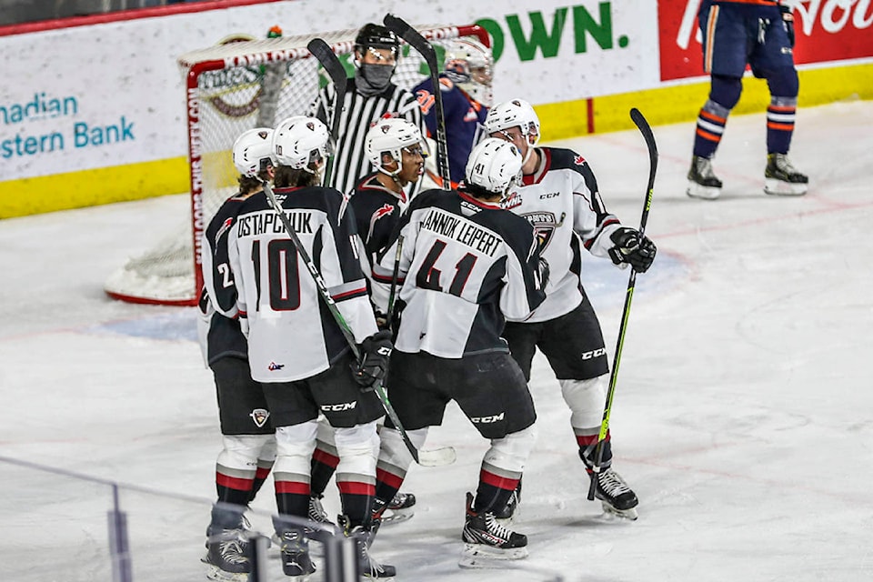 Vancouver Giants celebrated a Justin Sourdif goal Saturday night in Kamloops. Giants dropped a 3-1 decision to Kamloops, a game that clinched the 2020-21 B.C. Division banner for the Blazers. (Allen Douglas/special to )