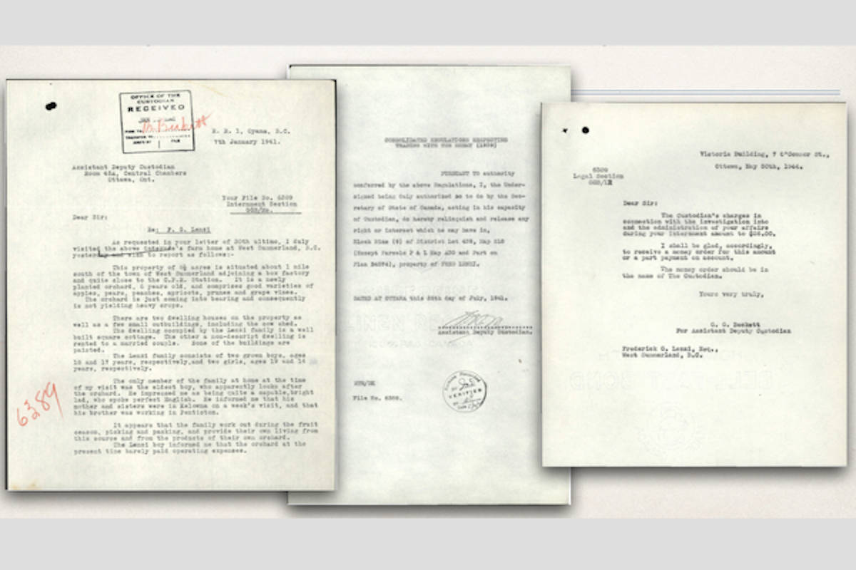 Federico Fred Lenzis internment documents. (Kelowna Canadian-Italian Club/Contributed)