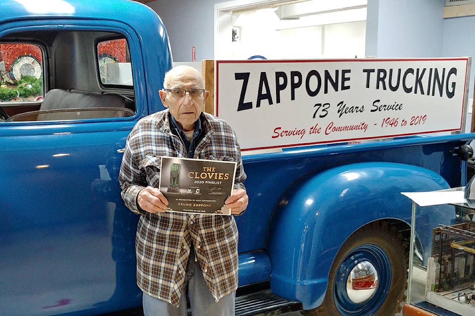 Bruno Zappone, then the oldest volunteer at the B.C. Vintage Truck Museum, receives a 2020 Clovie for “Volunteer of the Year” from the Cloverdale District Chamber of Commerce on Dec. 6, 2020. Zappone passed away June 22 at the age of 95. (Image via Facebook)