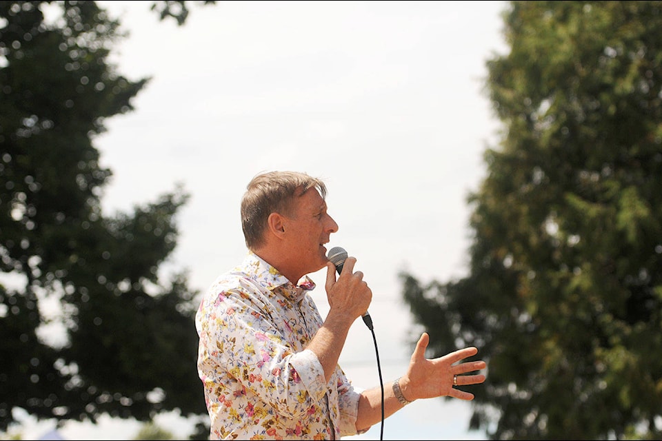 Maxime Bernier, leader of the People’s Party of Canada, speaks during a stop on his Mad Max Summer 2021 Pre-Election Tour at Yarrow Pioneer Park on Saturday, July 17, 2021. (Jenna Hauck/ Chilliwack Progress)