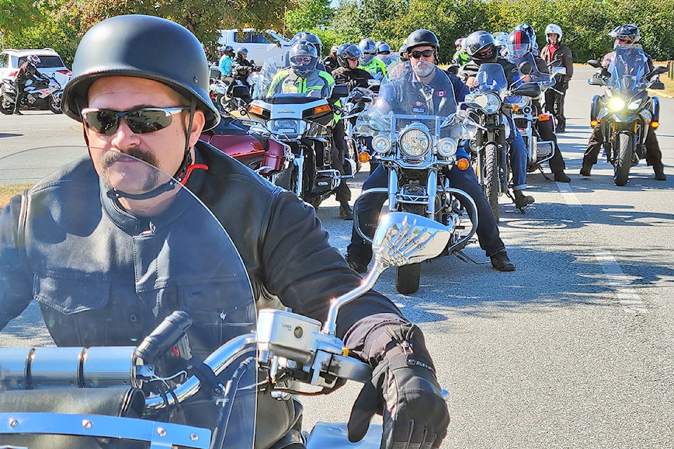 Riders lined up at the start of the ninth annual Ride Into History fundraiser on Saturday, July 24 at the Christian Life Assembly in Langley. (Dan Ferguson/Langley Advance Times)