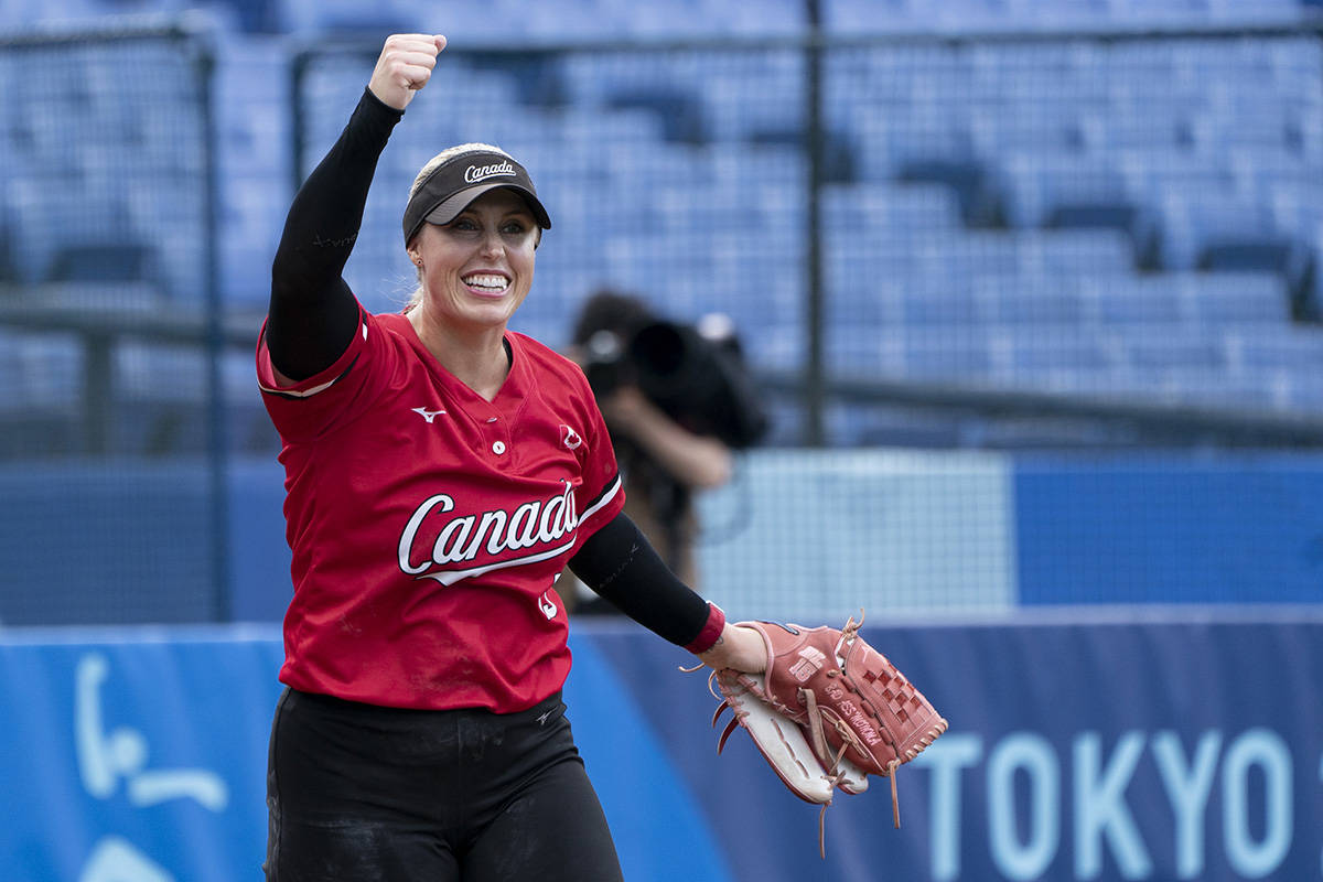 Pitcher Danielle Lawrie-Locke celebrates after throwing the final pitch as Canada defeated Mexico to win the bronze medal at the 2020 Tokyo Olympics, Tuesday, July 27, 2021 in Yokohama, Japan. THE CANADIAN PRESS/Adrian Wyld