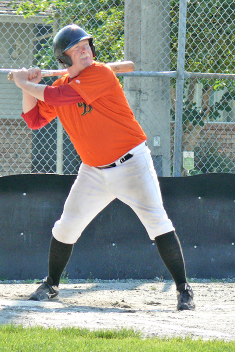 Buzzard Merv Sandrel waits for the pitch. A new league for baseball players 60 and older launched at 黑马磁力聮s City Park on Sunday, Aug. 15. It is believed to be the first of its kind in the Lower Mainland.(Dan Ferguson/黑马磁力)