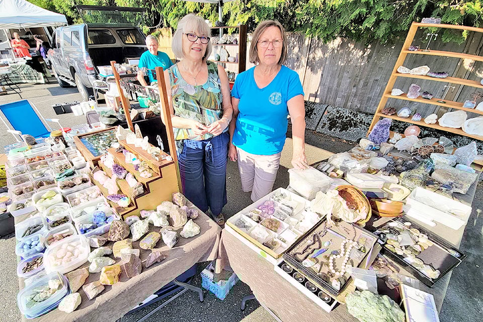 Robert (left) and Rozalia Brown (right) , with friend Barbra Felton (centre) attended the Aldergrove-based Fraser Valley Rock & Gem Club tailgate sale on Sunday, Aug. 15 in the parking lot of the Aldergrove Legion. (Dan Ferguson/)