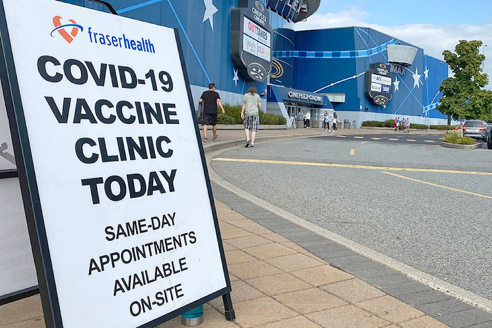People going to the Colussus Cineplex theatre in Langley had a chance to get their first or second vaccinations for COVID-19 at a pop-up clinic that runs until 7 p.m. today (Thursday, Aug. 19) (Joti Grewal/Langley Advance Times)