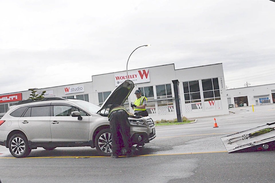 Investigators were still on scene during the morning rush hour after a pedestrian was struck in the early hours of Thursday, Aug. 26, 2021. (Heather Colpitts/Langley Advance Times)