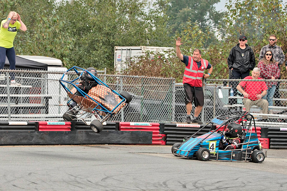 Photographer William Snow captured the moment when young Chilliwack racer Dennis Ringrose escaped injury despite going airborne during a race at the Langley Quarter Midget Association (LQMA) on Sunday, Sept. 5. It was the first Northern Shootout hosted by the association since the pandemic hit. (William Snow/special to Langley Advance Times)