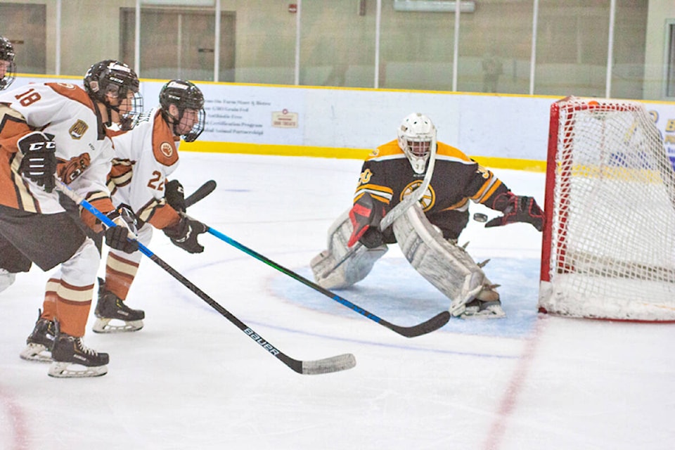Kodiaks Kale Taylor and Connor Droux charged the goal during a battle with the Grandview Steelers at home in Aldergrove on Sept. 15. (Kurt Langmann/special to  advance Times)