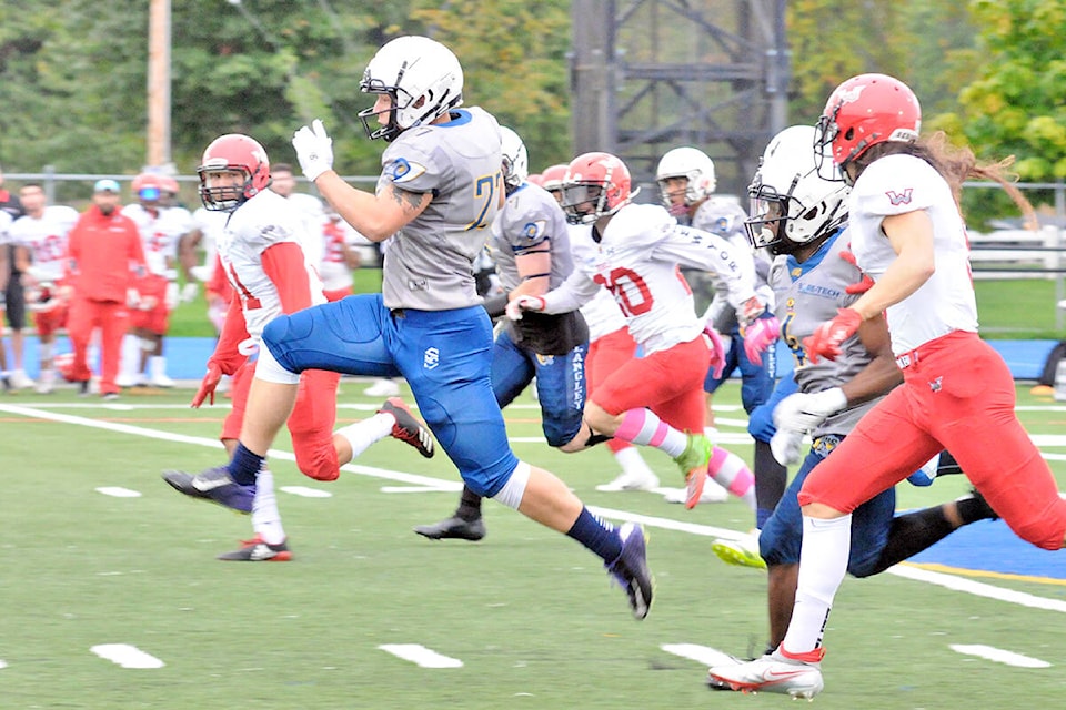 Langley Rams won their fourth in a row of the season on Saturday, Oct. 2, downing the Westshore Rebels 37-7 at home. (Dan Ferguson/Langley Advance Times)