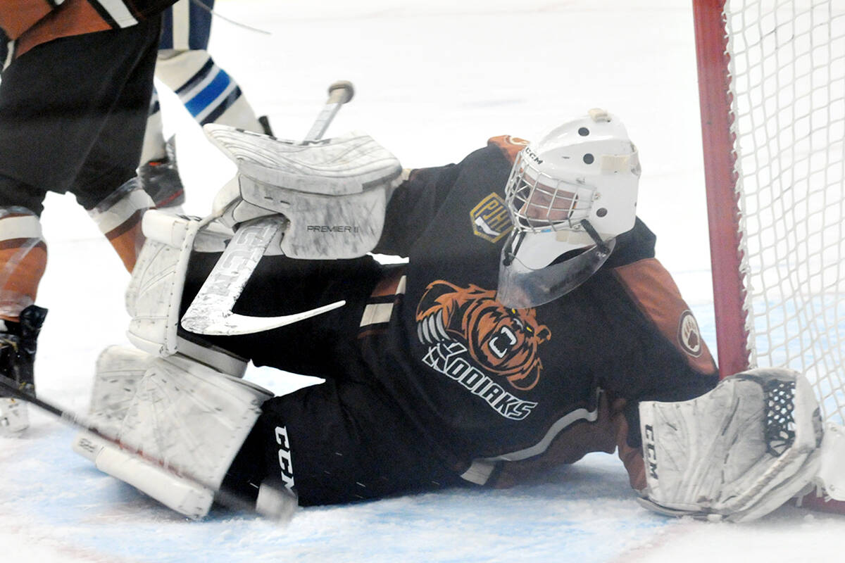 Coach Chris Price credits Kodiaks netminder Allen Gillis with keeping the Trappers at bay in the 3-1 victory over the division leading Trappers Oct. 6. (Dan Ferguson/91原创 Advance Times)