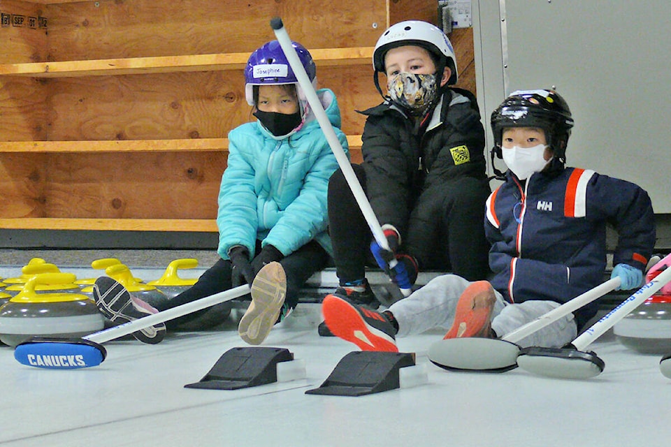 A Canadian Tire Jumpstart grant has purchased new light-weight, but full-size, curling stones for the 91ԭ Curling centre ‘Little Rock’ program for kids, seen here practicing on Saturday, Oct. 16. (Dan Ferguson/91ԭ Advance Times)