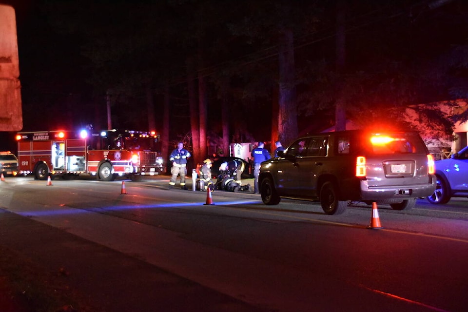 A motorcycle rider suffered non-life-threatening injuries following a collision with a car in the 3500 block of 200th St. in Brookswood Saturday night, Oct. 30. (Curtis Kreklau/South Fraser News Services)