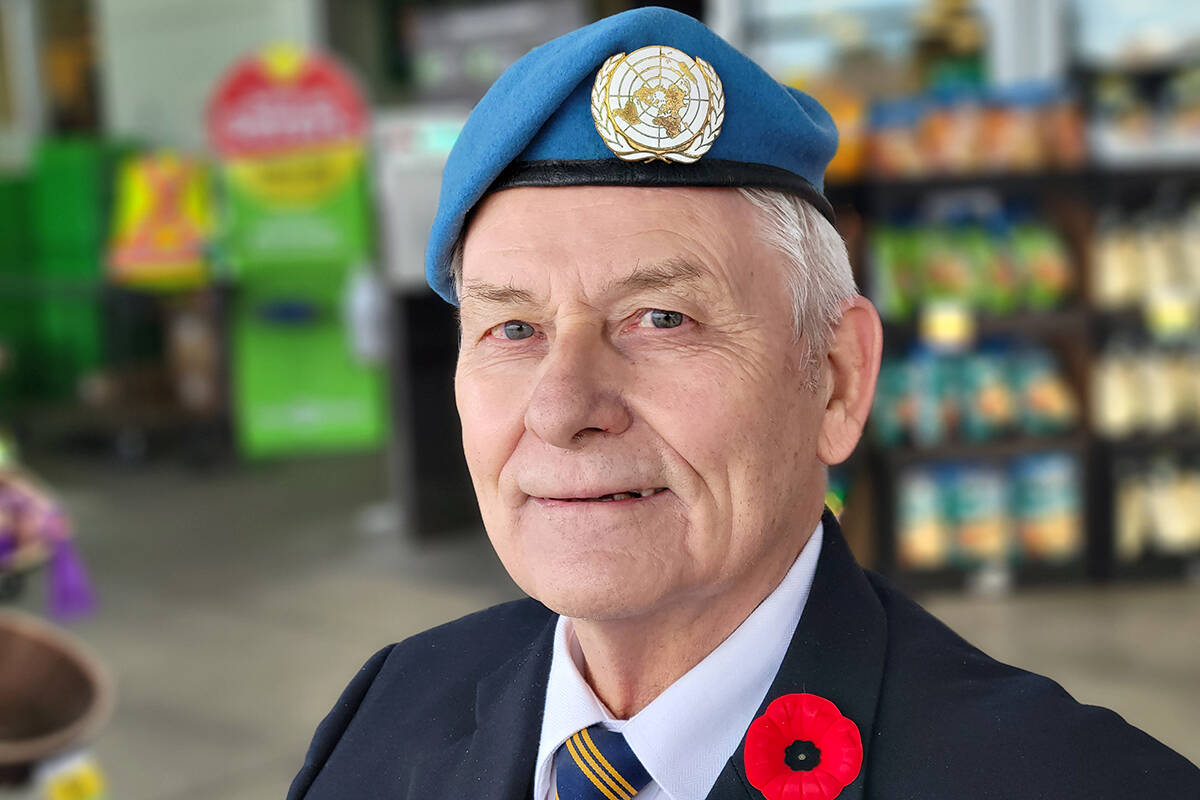 Willowbrook resident Mike Thomson, a self-described third generation soldier was collecting donations for the Royal Canadian Legion Poppy Fund Monday Nov. 1 in front of the Save-On-Foods store on 64th Avenue. (Dan Ferguson/91ԭ Advance Times)