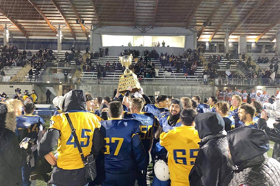 Langley Rams are Cullen Cup champions for a third straight year, following a rain-soaked defensive battle with the Okanagan Sun at McLeod Stadium on Saturday, Nov. 13. (Langley Rams/Special to Langley Advance Times)