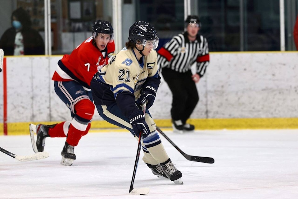 Andrej Kovacevic pursued the puck as  Rivermen defeated Cowichan Capitals 4-1 before 435 fans at George Preston arena on Thursday, Nov. 18, donning retro ‘ Thunder’ jerseys to celebrate 60 years of Jr. A hockey in B.C. (Garret James/Special to )