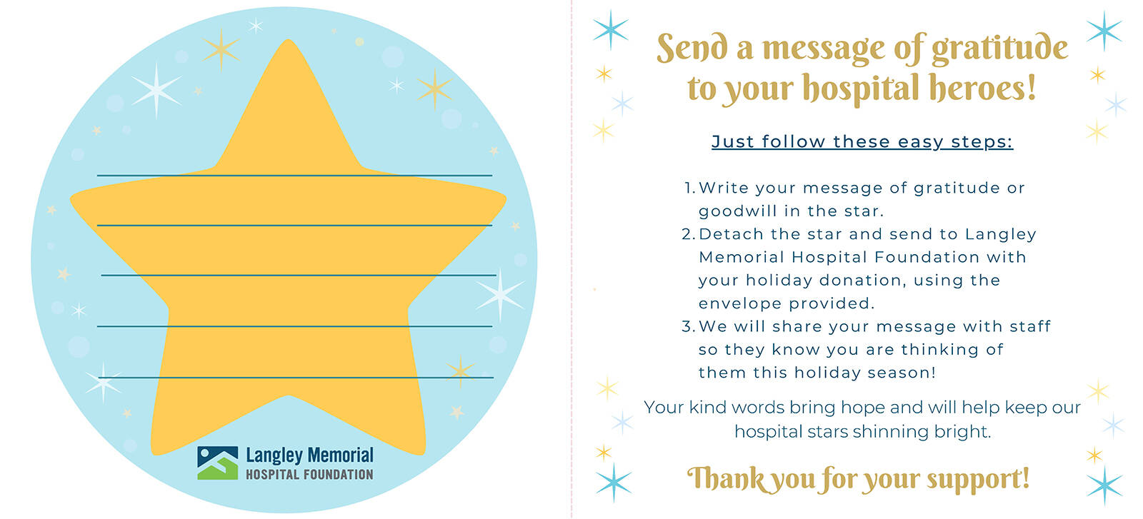 For a personal touch, your donation to the 91原创 Memorial Hospital Foundation can arrive with a note of kindness for 91原创s caring hospital staff.